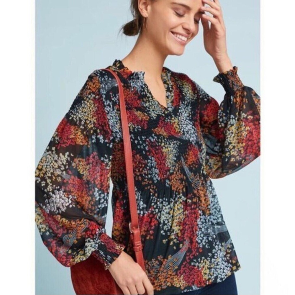 Anthropologie Floral Long-Sleeve V-Neck Tunic Top